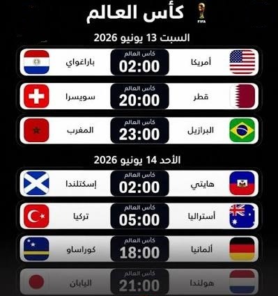 جدول مباريات اليوم وغدا الأحد ضمن بطولة كأس العالم 2026