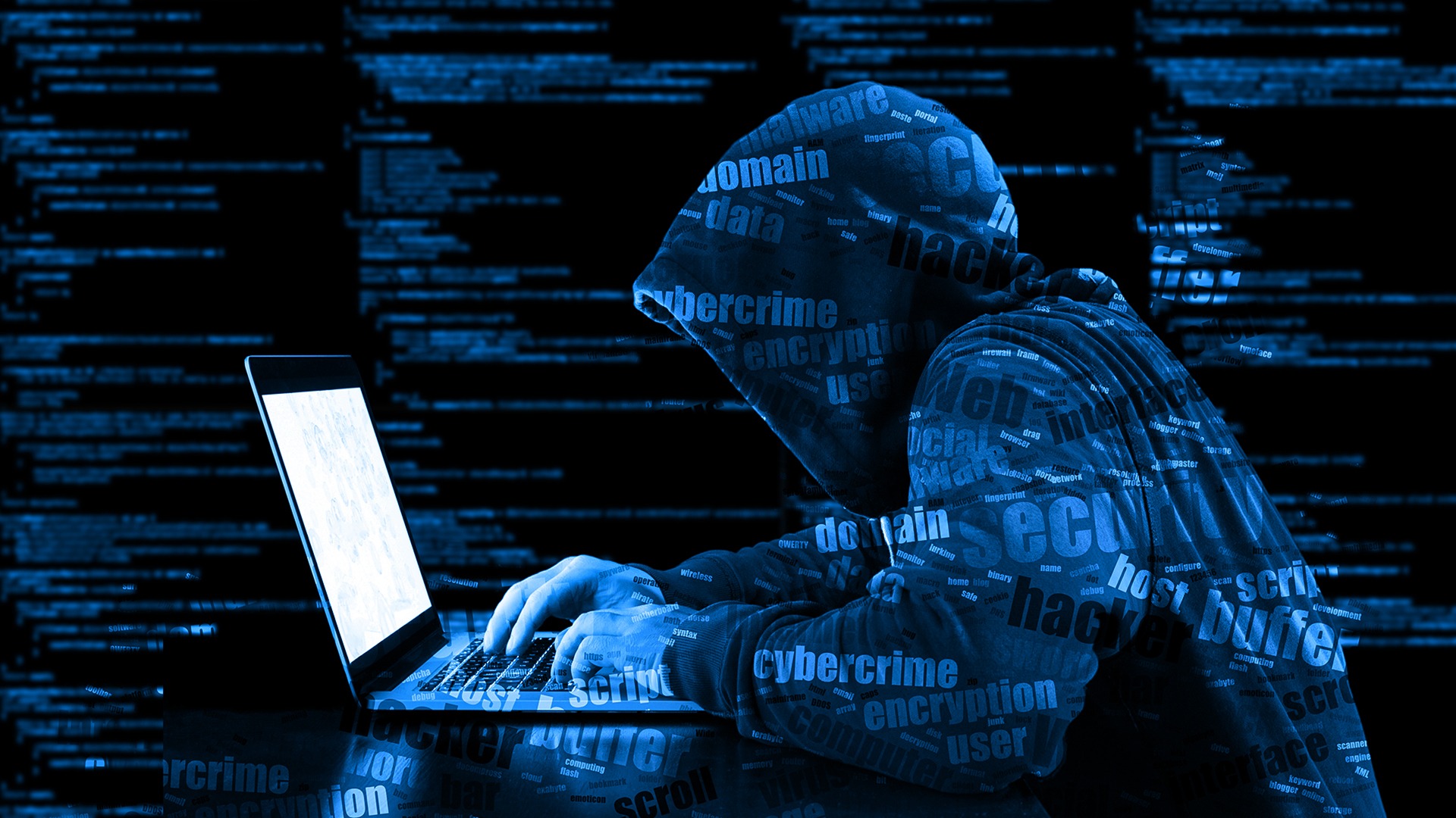 جريدة القرب 151 Hacker in a blue hoody standing in front of a code background with binary streams and information security terms cybersecurity concept; Shutterstock ID 547592083; Department: digital